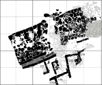 Plan of the Cyclopean Terrace and adjacent walls.  The corridor is shown in dark grey, the stones of the ramp in light grey, the possible courtyard in stipple